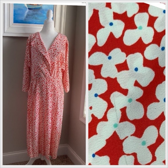 Vintage Dresses & Skirts - Vintage 80s Act 1 New York Red Cream MIDI Spring Floral 3/4 Sleeve Pleated Dress